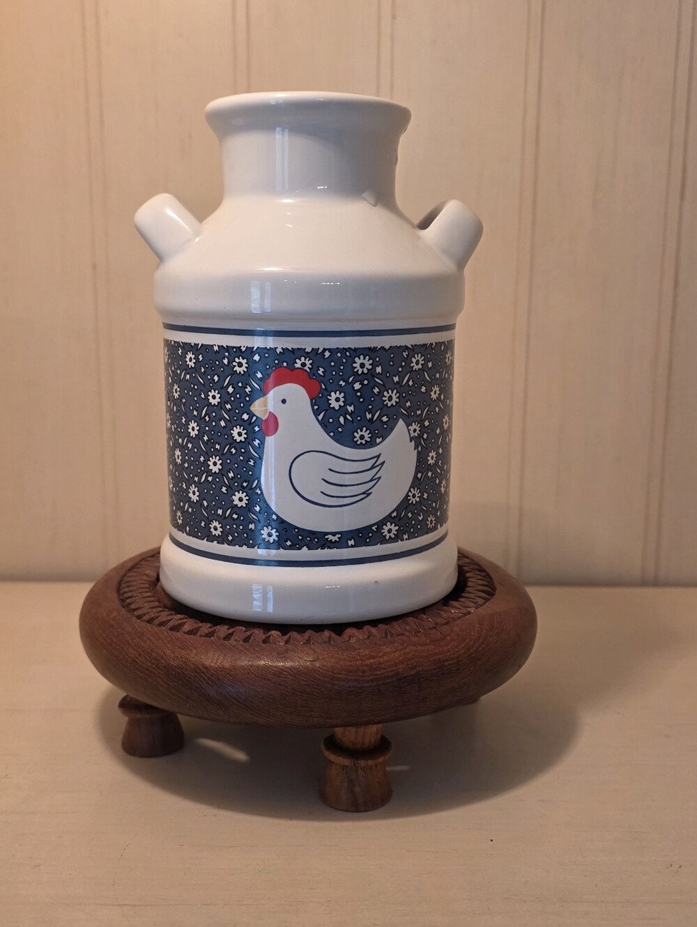 White Ceramic Milk Can Vase with Blue Chicken Motif